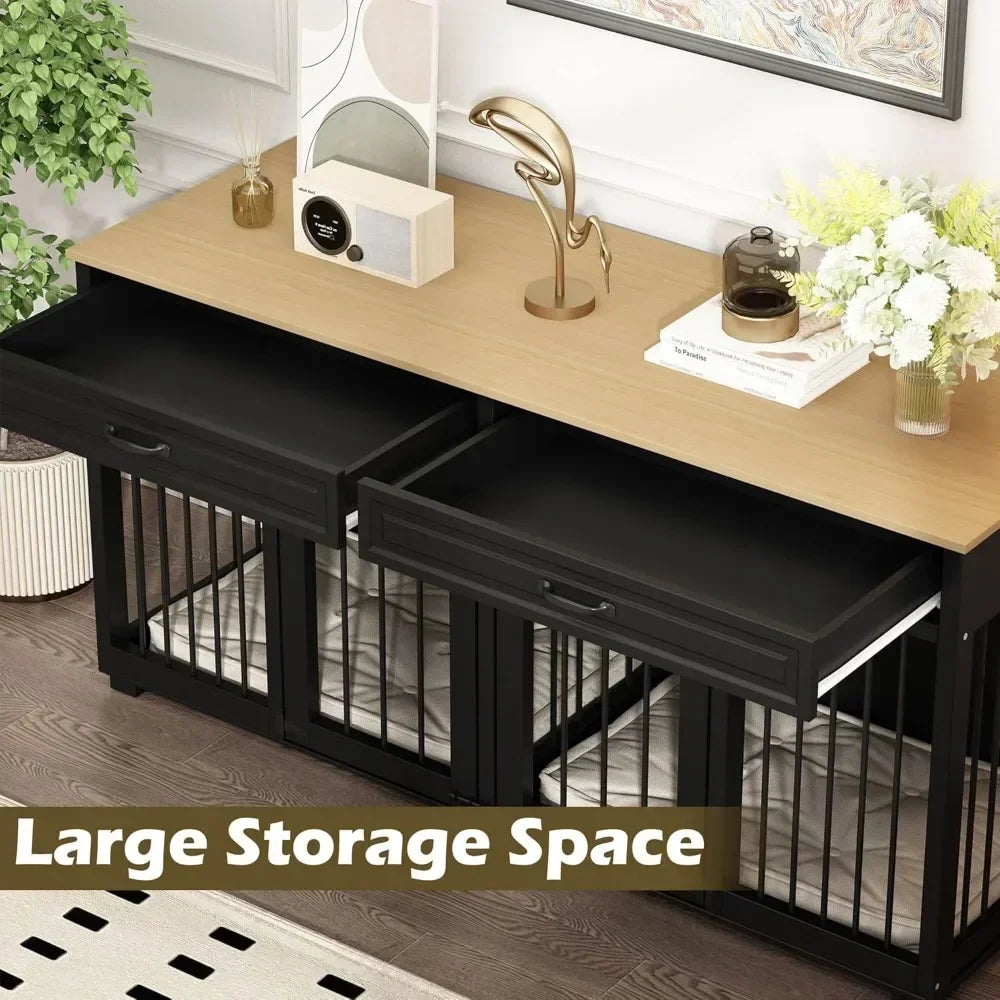 Dog Kennel Furniture, 64.6 Inch Heavy Duty Wooden Large Furniture Style Dog Crate with Drawers & Divider, Indoor Dog House