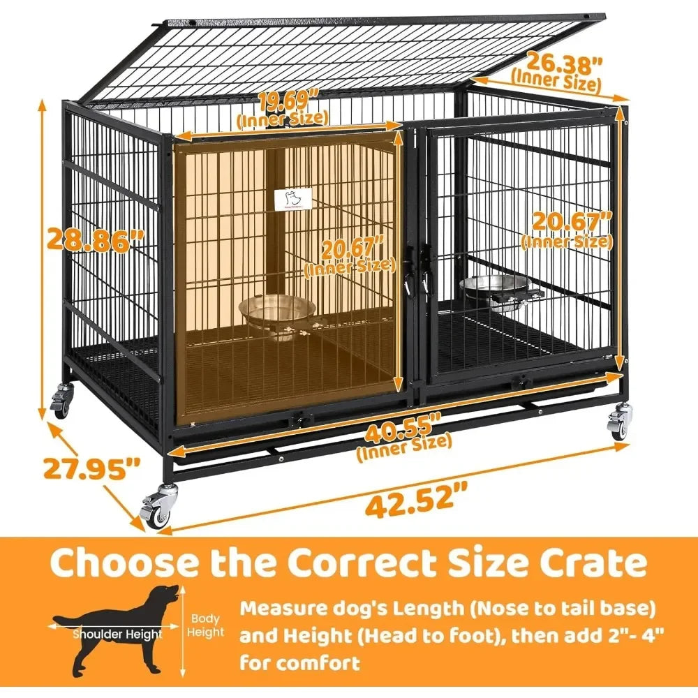 43 Inch Metal Open Top Stackable Heavy Duty Dog Cage Kennel with Three Door, Metal Floor Grid, Tray, Wheels, Divider and Feeding
