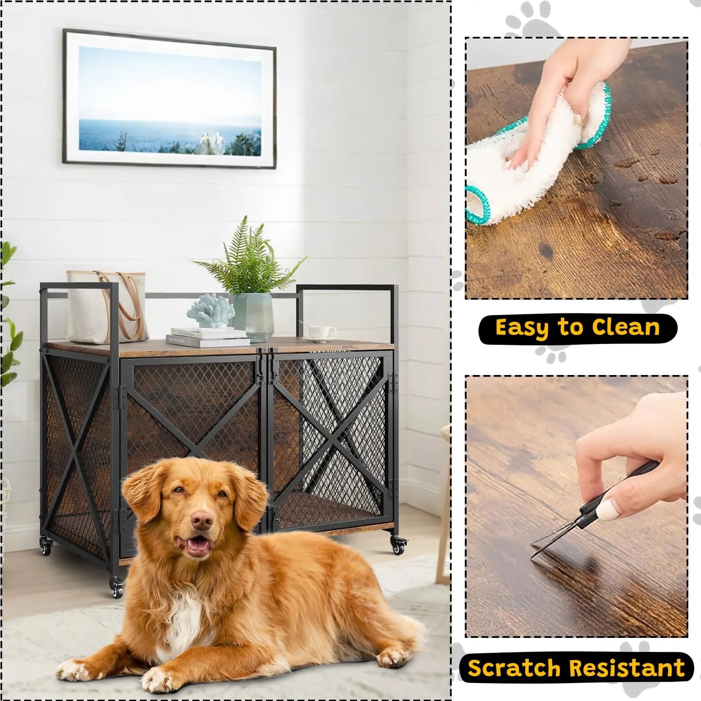 31/41Inch Dog Crate,Farmhouse Dog Kennnel Furniture with 360° Wheels,4 Latches,Large Heavy Duty Dog Cage End Table for Living Ro
