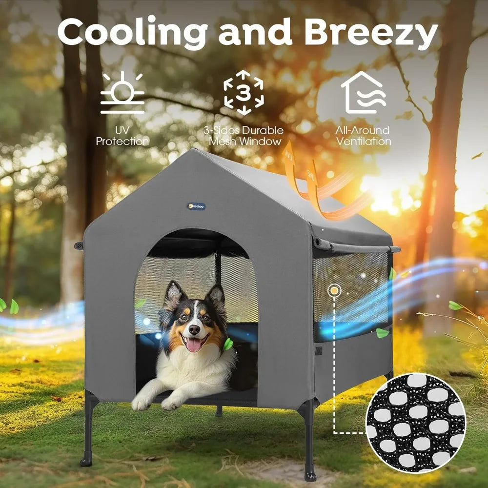 41" Dog House, 2-in-1 Large Dog House Outdoor Indoor Weatherproof, Outside Elevated Dog Cot Bed Dog Tent Shade, Three-Sided Bre