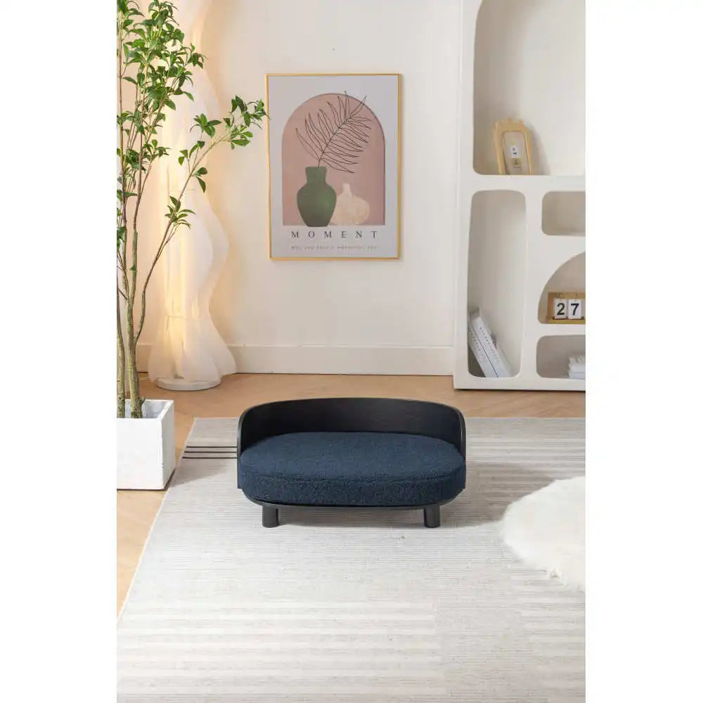 Scandinavian style Elevated Dog Bed Pet Sofa With Solid Wood legs and Bent Wood Back, Velvet Cushion, BLACK