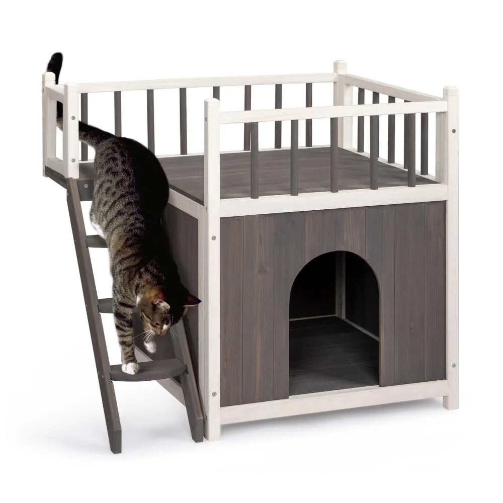2-Story Wooden Feral Cat House Dog House for Outdoor and Indoor,with Stairs, Grey & White Pet House