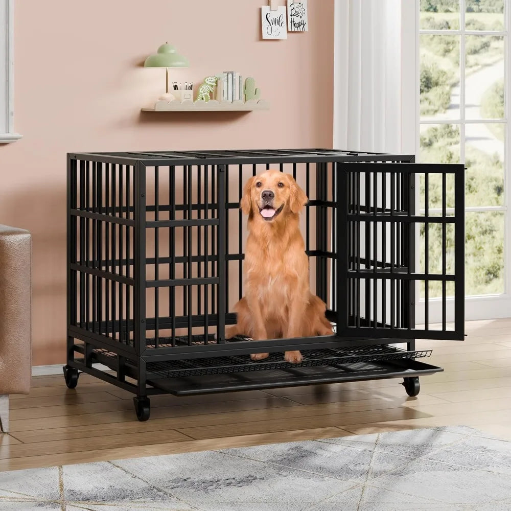 48/38 "Heavy Duty Indestructible Dog Cage Double Door Escape Cage Kennel, Reinforced Metal Pet Cage, Oversized XL XXL Dog Cage
