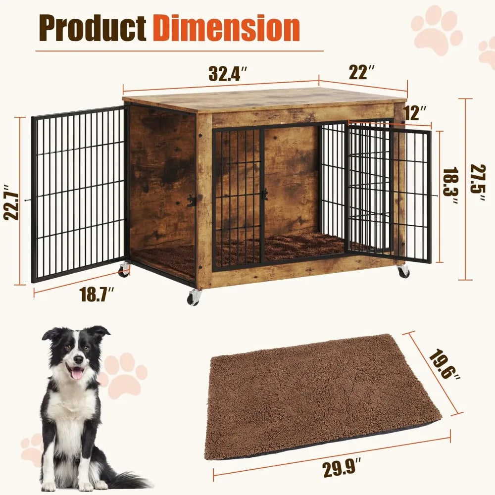 32 Inch Dog Crate Furniture with Cushion, Wooden Double Doors Kennel Cage Indoor with Wheels, Pet House Decorative Side