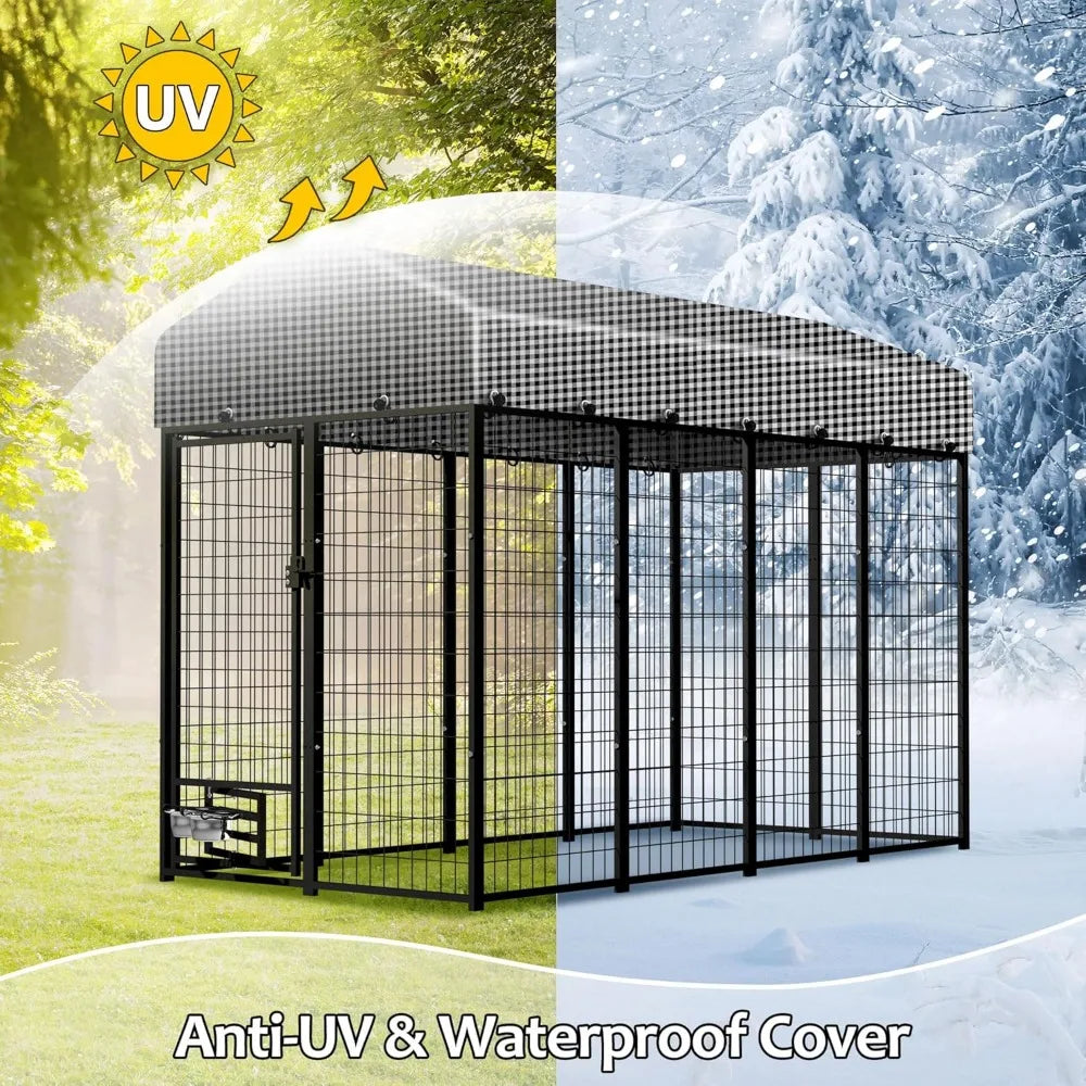 8x4x6 FT Large Outdoor Dog Kennel, Expandable Modular Dog Kennel Outside with Rotate Feeding Door, Heavy Duty Welded Wire Steel