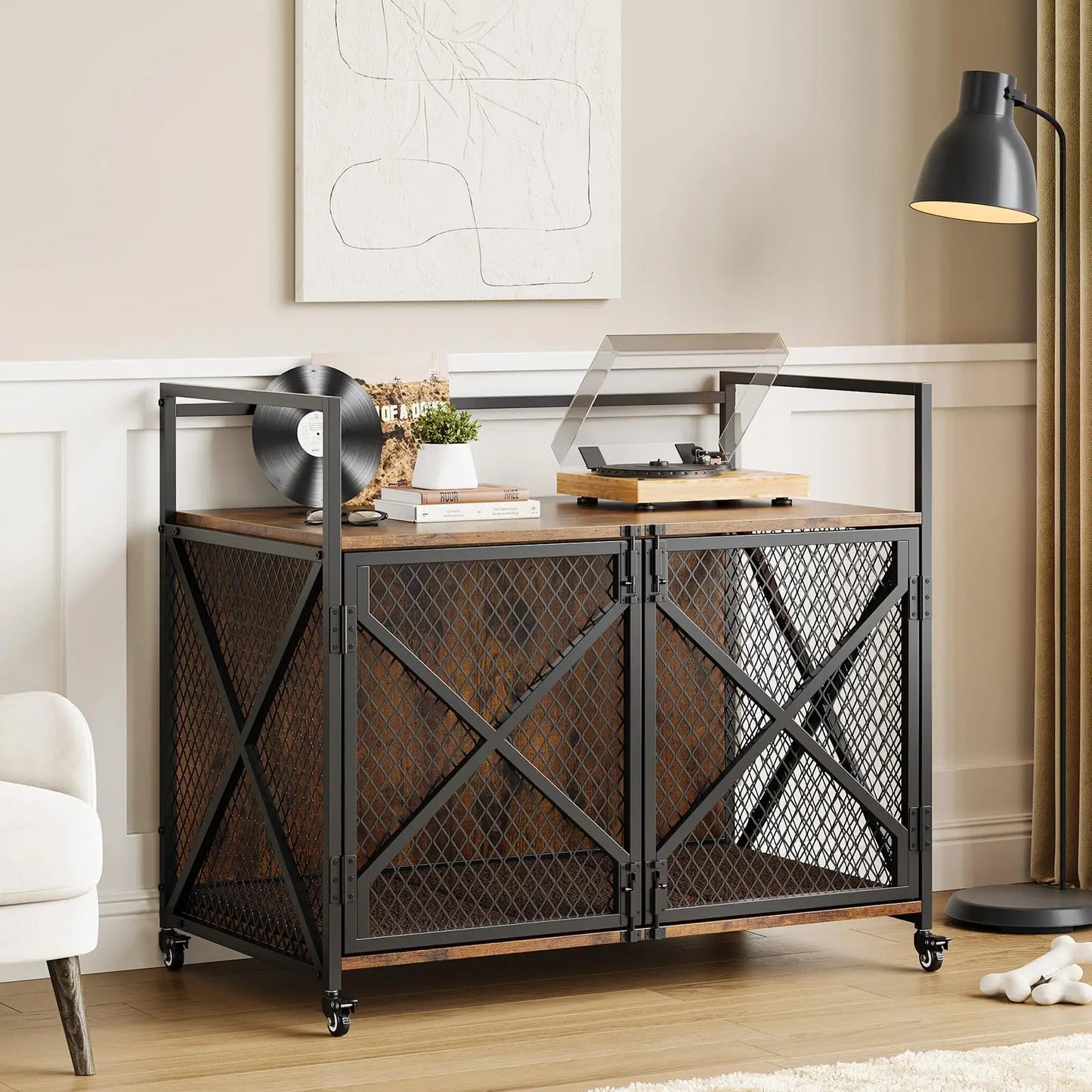 31/41Inch Dog Crate,Farmhouse Dog Kennnel Furniture with 360° Wheels,4 Latches,Large Heavy Duty Dog Cage End Table for Living Ro