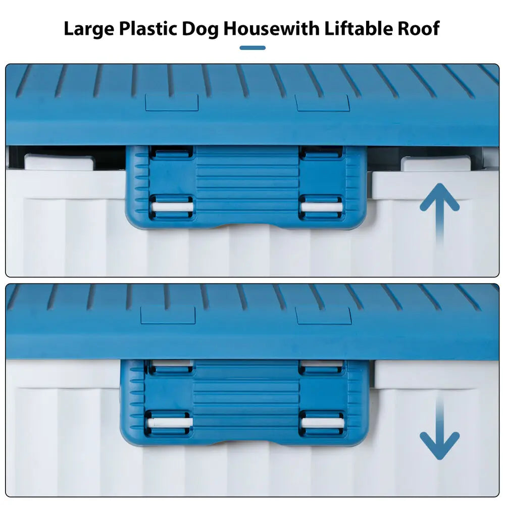 Large Plastic Dog House Puppy Shelter with Liftable Roof & Detachable Base Blue