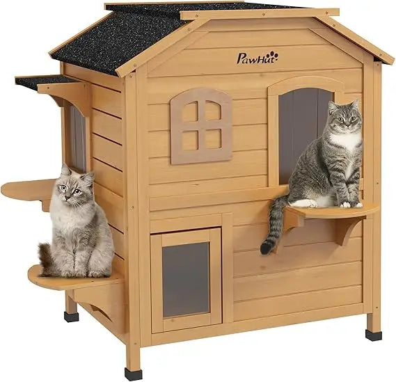2-Story Cat House Outdoor, Weatherproof Wooden Cat Enclosure for Feral Cats with Escape Door, Openable Roof, Jumping Platforms,
