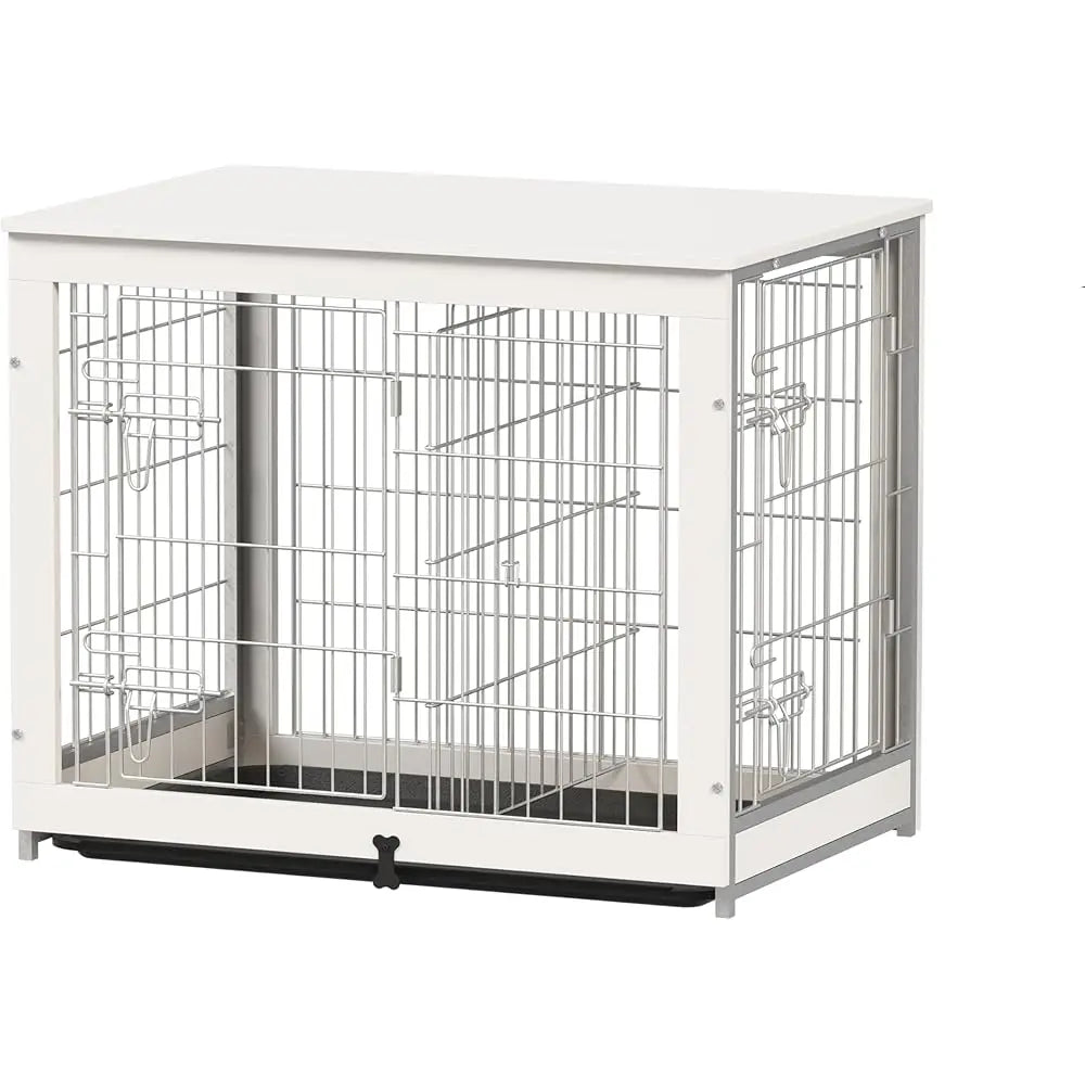 Wooden Dog Crate Furniture With Divider Panel, Dog Crate End Table With Fixable Slide Tray, Double Doors Dog Kennel Indoor For
