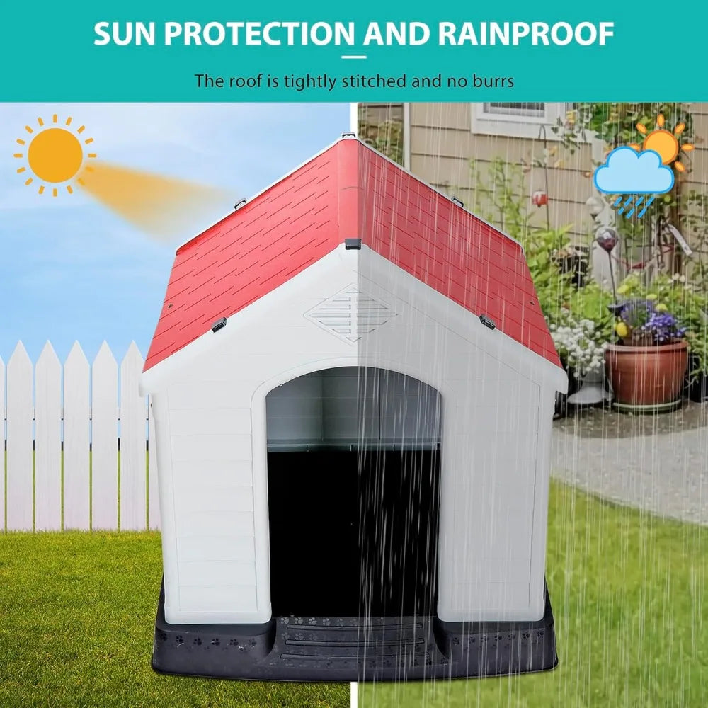 Large Plastic Dog House - Waterproof Dog Kennel with Air Vents and Elevated Floor All Weather Indoor Outdoor Insulated Doghouse