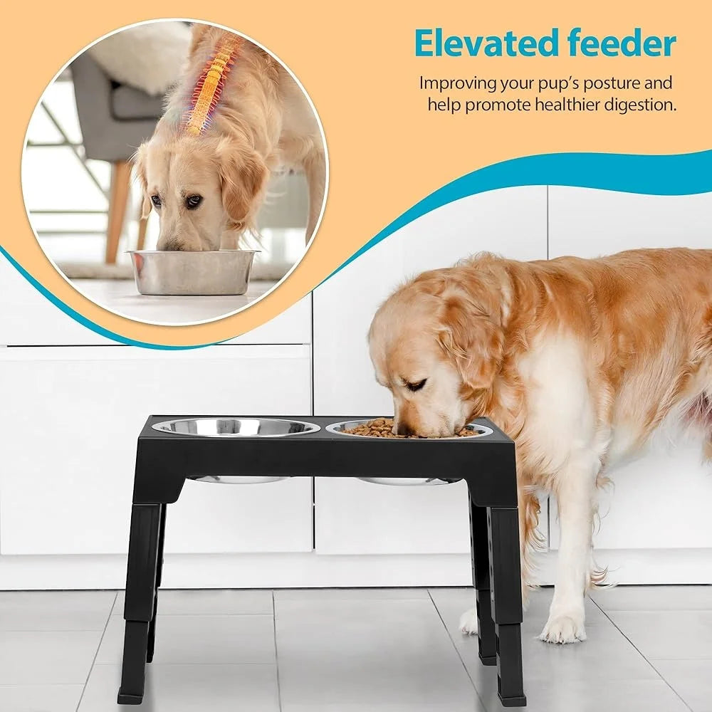 Elevated Dog Bowls with Adjustable Stand 5 Heights Includes 2 Stainless Steel Bowls Anti-slip Easy Clean Feeding Station