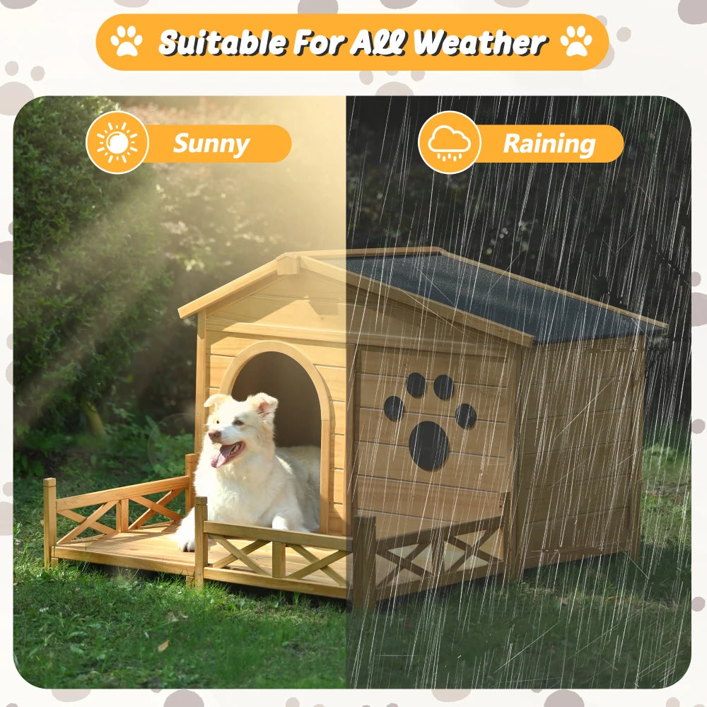 48" Wooden Dog House Outdoor with Porch, Dog Kennel with Water-Resistant Asphalt Roof and Fencing,Indoor & Outdoor Dog Crate