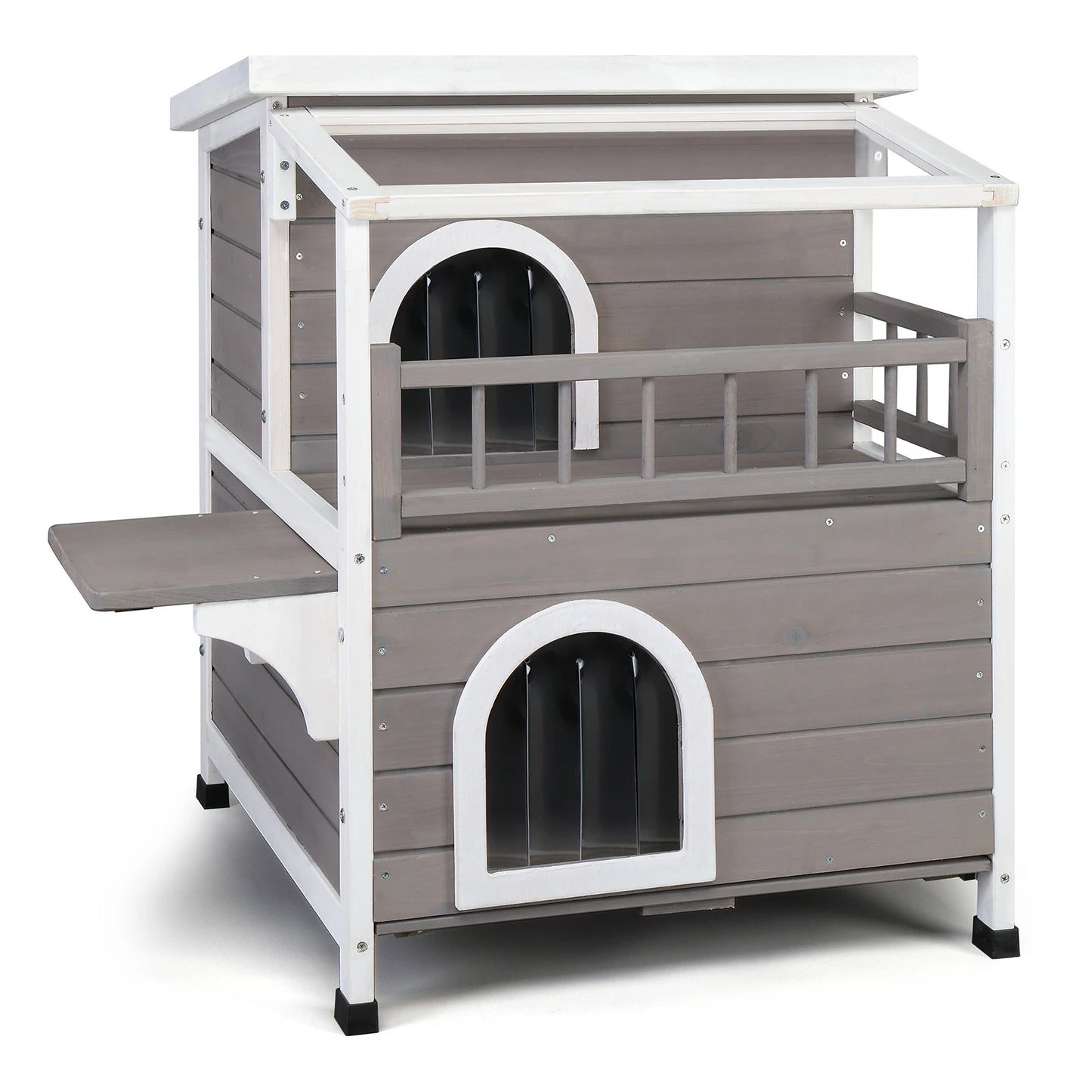 Wooden Cat house 2-Story Indoor Outdoor Luxurious Cat Shelter House with Transparent Canopy, Large Balcony, Openable Weatherproo