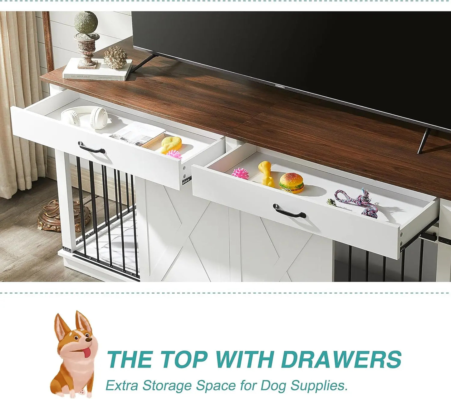 72.5" Large Dog Crate Furniture for 2 Dogs, Wooden Dog Kennel with Drawers, Sliding Barn Door, Style Double Dog Crates, White