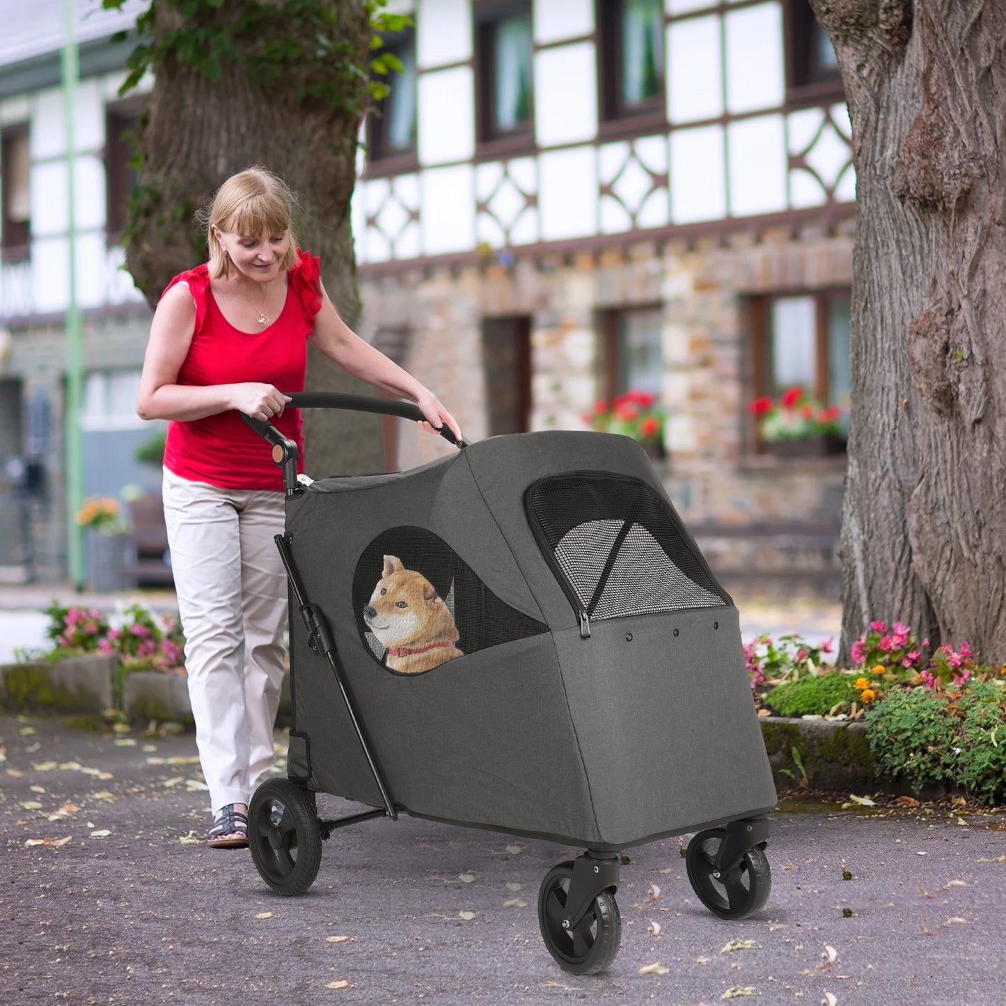 Pet Stroller Universal Wheel Ventilated Oxford Fabric for Medium Size Dogs Two Front Wheels Rotate 360° , Safety
