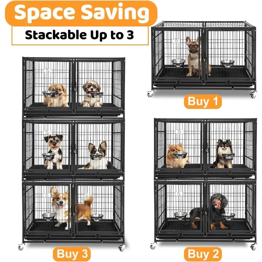 43 Inch Metal Open Top Stackable Heavy Duty Dog Cage Kennel with Three Door, Metal Floor Grid, Tray, Wheels, Divider and Feeding