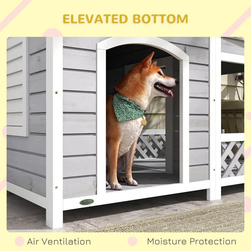 Wooden Dog House Outdoor with Porch, Cabin Style Raised Dog Shelter with Asphalt Roof, Doors, and Shutter Window, for Medium La