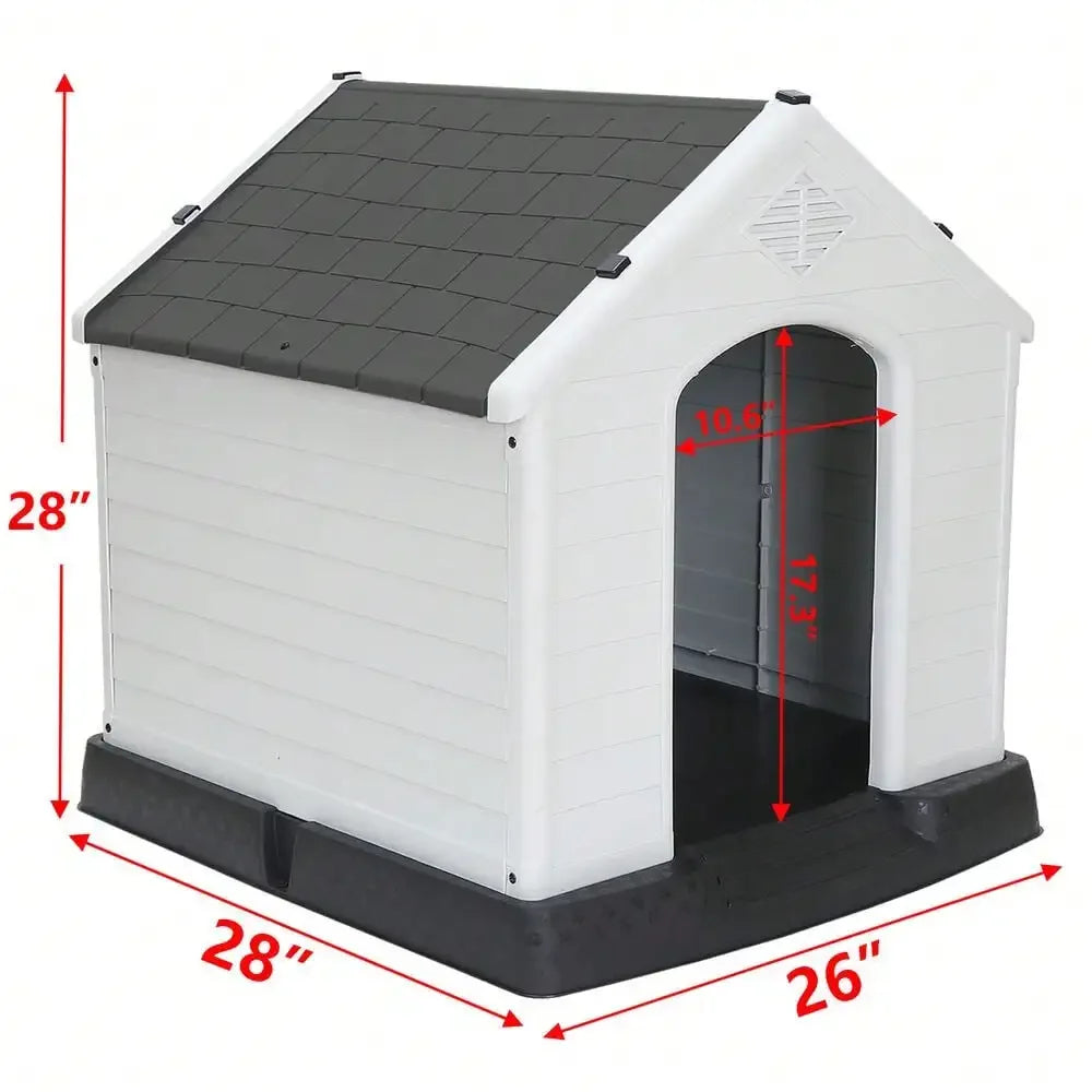 28"H Plastic Dog House Indoor Outdoor Dog Kennel Puppy Shelter w/Air Vents Gray