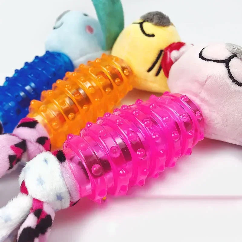 Dogs Toy with Rubber Body Molar Stick Cartoon Animal Shaped Doll Plush for Dogs Interactive Training Pet Doll Chew Toy Supplies