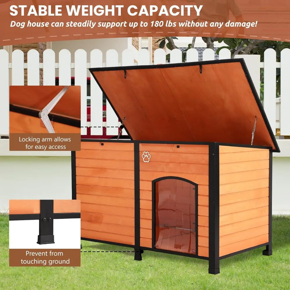 Outdoor Dog House, 55” Extra Large Wooden Dog House with Anti Bite Iron Frame Weatherproof Finish Outside Paw Print Dog House fo