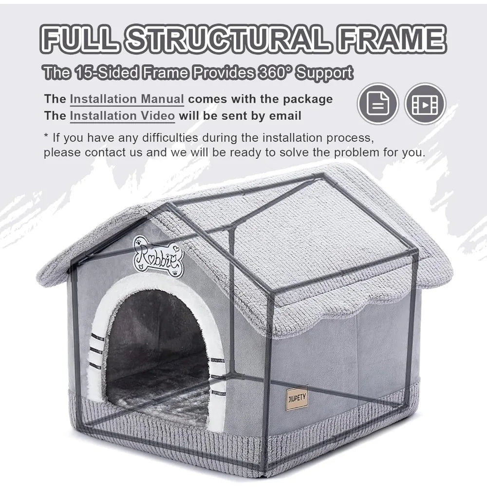 Indoor Dog House with Frame, Large Dog Cave Bed, Insulated Cozy, Suitable for 25-60 lb, Large Plus (30"×26"×25"), Gray