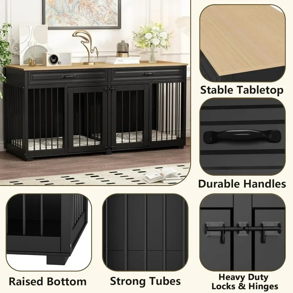 Dog Kennel Furniture, 64.6 Inch Heavy Duty Wooden Large Furniture Style Dog Crate with Drawers & Divider, Indoor Dog House