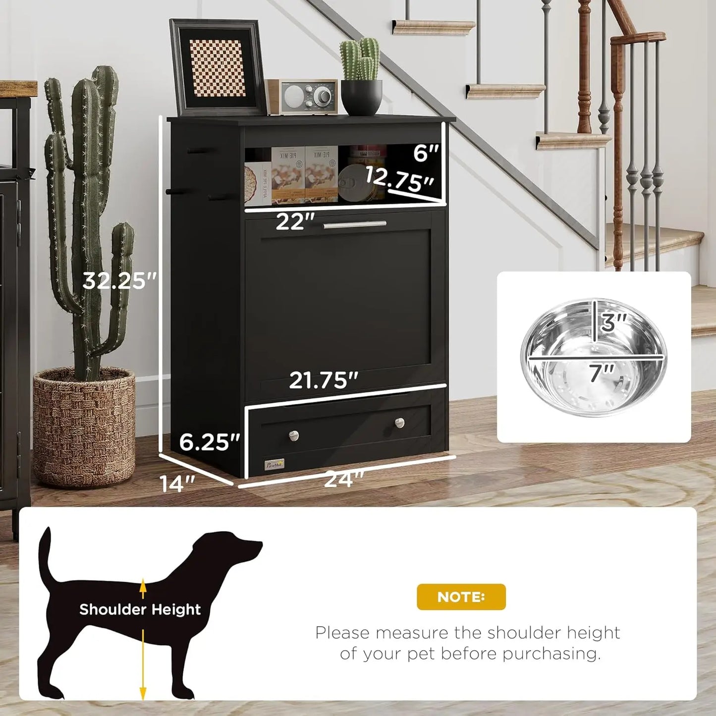 Dog Feeding Station, Dog Food Storage Pet Feeder Cabinet Container with Dog Raised Bowls and Hanger for Feeding