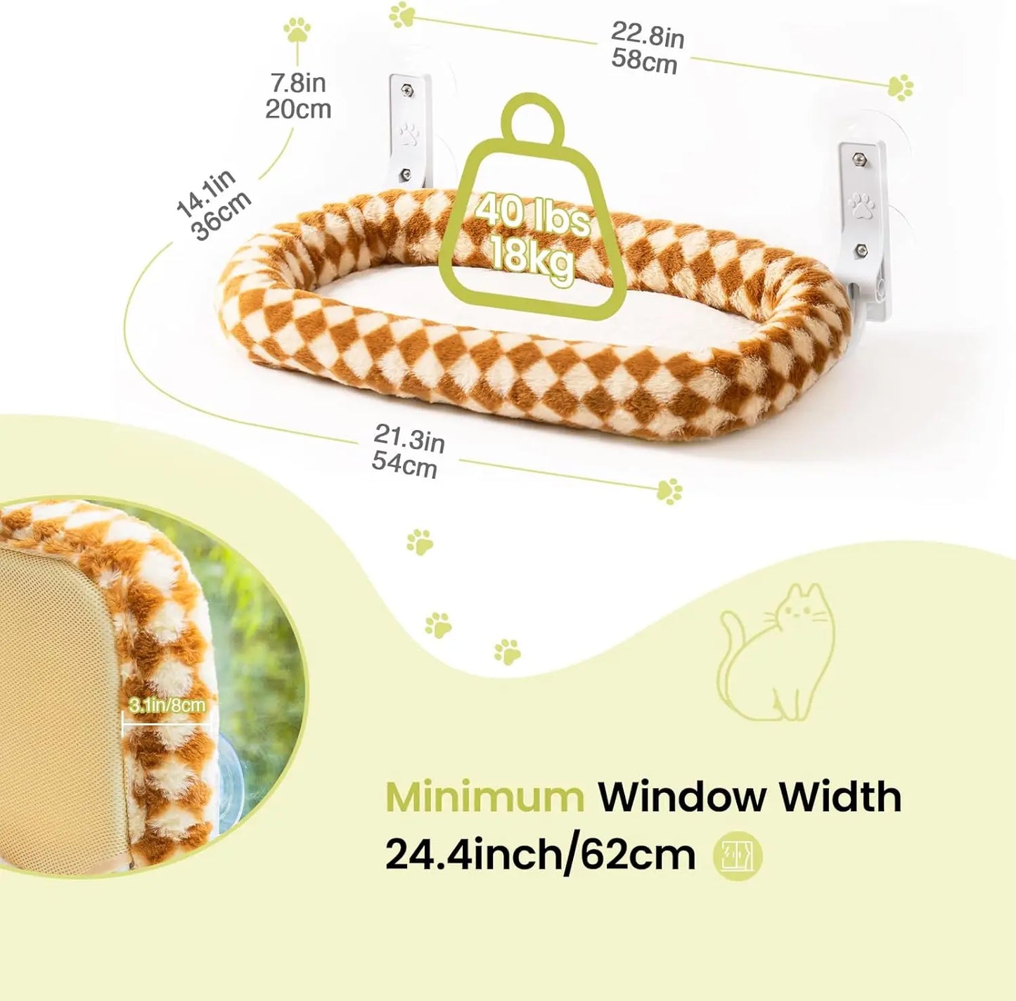Mewoofun Foldable Cat Window Perch with 4 Strong Suction Cups Cordless Cat Window Hammock Removable Soft Cover White Brown Green