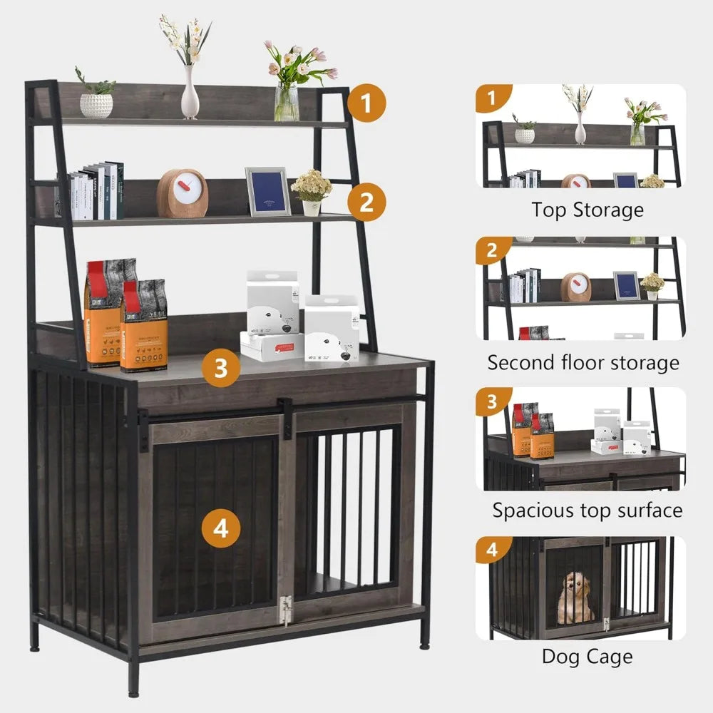 Dog Crate Indoor Furniture with Storage Shelves, 37 inch Wooden Dog Kennel with Double Sliding Doors, Heavy Duty Dog Cage