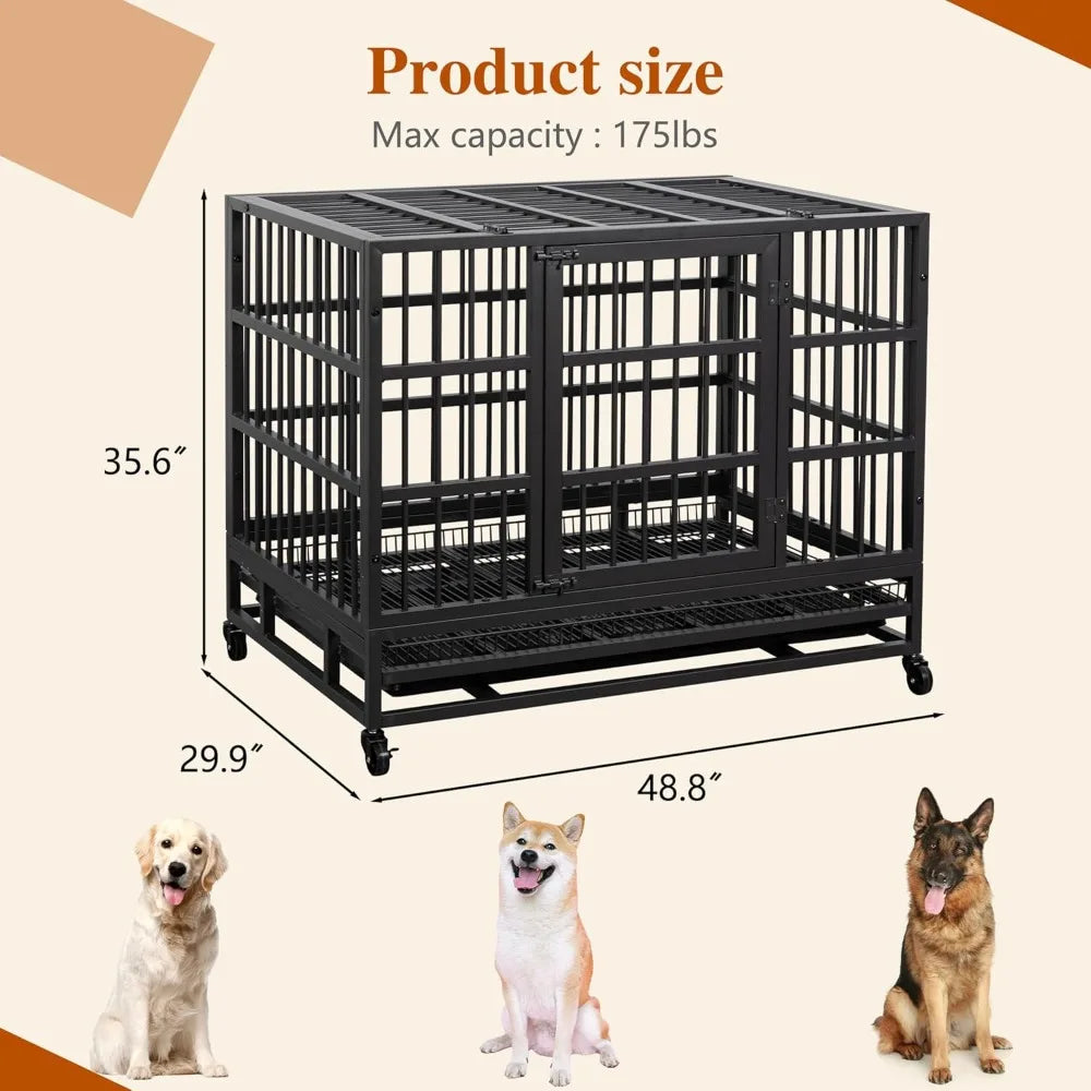 48/38 "Heavy Duty Indestructible Dog Cage Double Door Escape Cage Kennel, Reinforced Metal Pet Cage, Oversized XL XXL Dog Cage