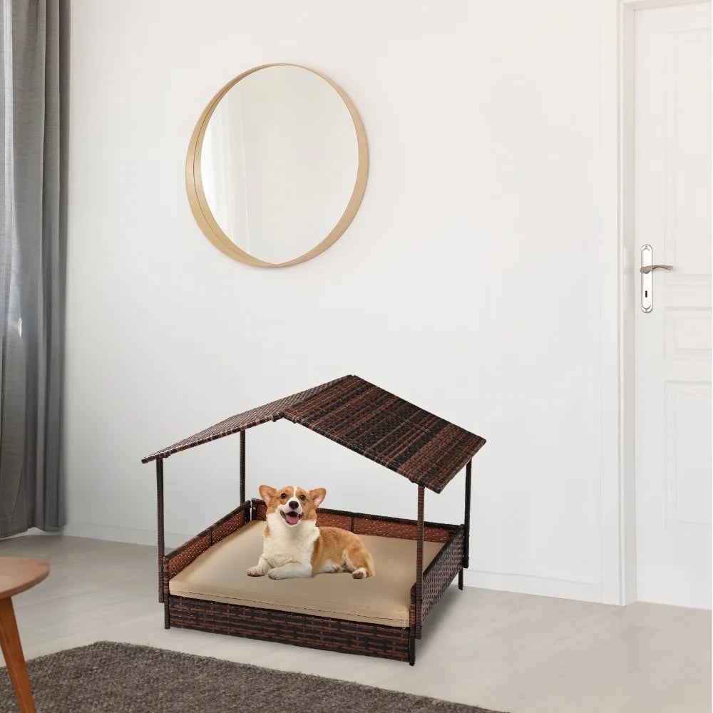 Elevated Rattan Dog Bed with Canopy and Washable Cushion Cover,for Small Medium Dogs Cats, Indoor Outdoor Raised Pet House