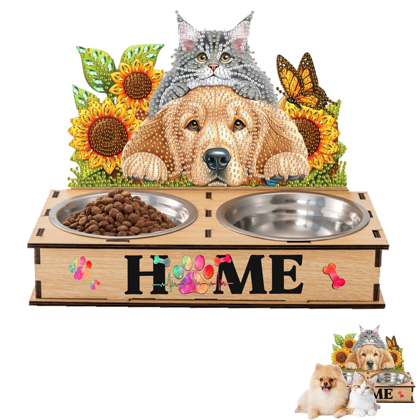 5D DIY Diamond Painting Water Feeder Diamond Painting Pet Feeder Making Kit Rhinestones Stainless Steel Pet Bowl for Cats Dogs