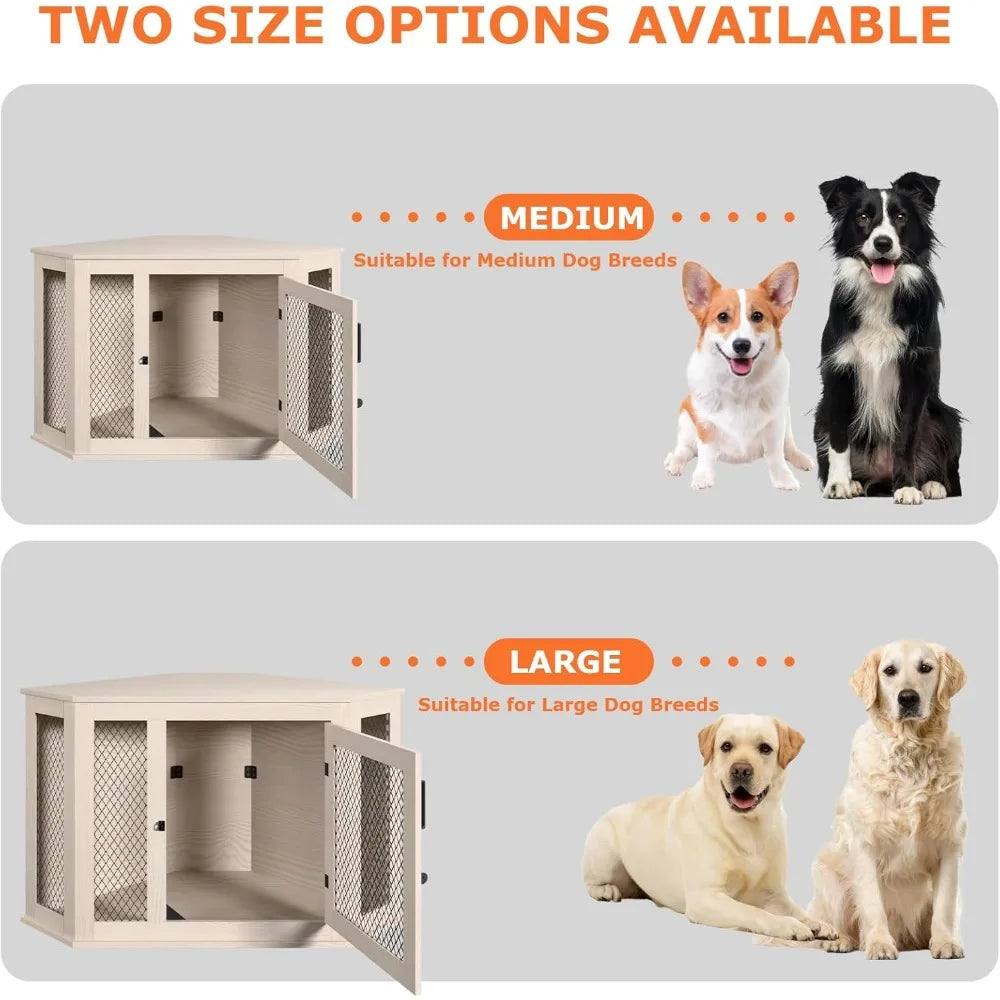 Corner Dog Crate Furniture, 52" Wooden Dog Kennel Furniture End Table with Mesh, Dog Kennel Indoor Furniture for Small Medium La