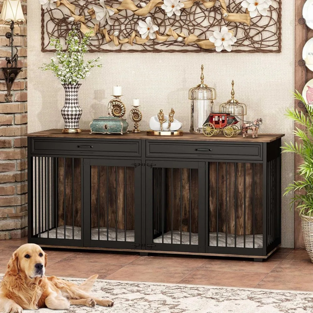 Large Dog Crate Furniture for 2 Dogs, 72.5" Indoor Heavy Duty Wooden Large Dog Kennel with Drawers & Divider, Indoor Furniture