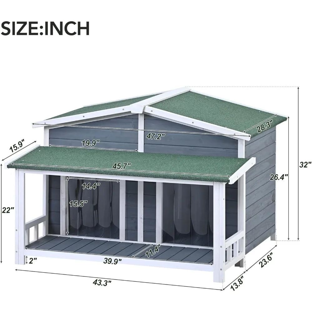 47.2'' Large Wooden Dog House Outdoor, Outdoor & Indoor Dog Crate, Cabin Style, with Porch, 2 Doors, Gray and Green
