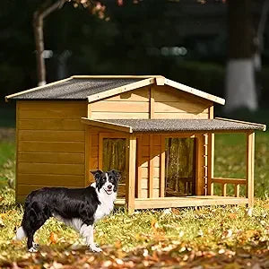 47.2'' Large Wooden Dog House Outdoor, Outdoor & Indoor Dog Crate, Cabin Style, with Porch, 2 Doors, Gray and Green