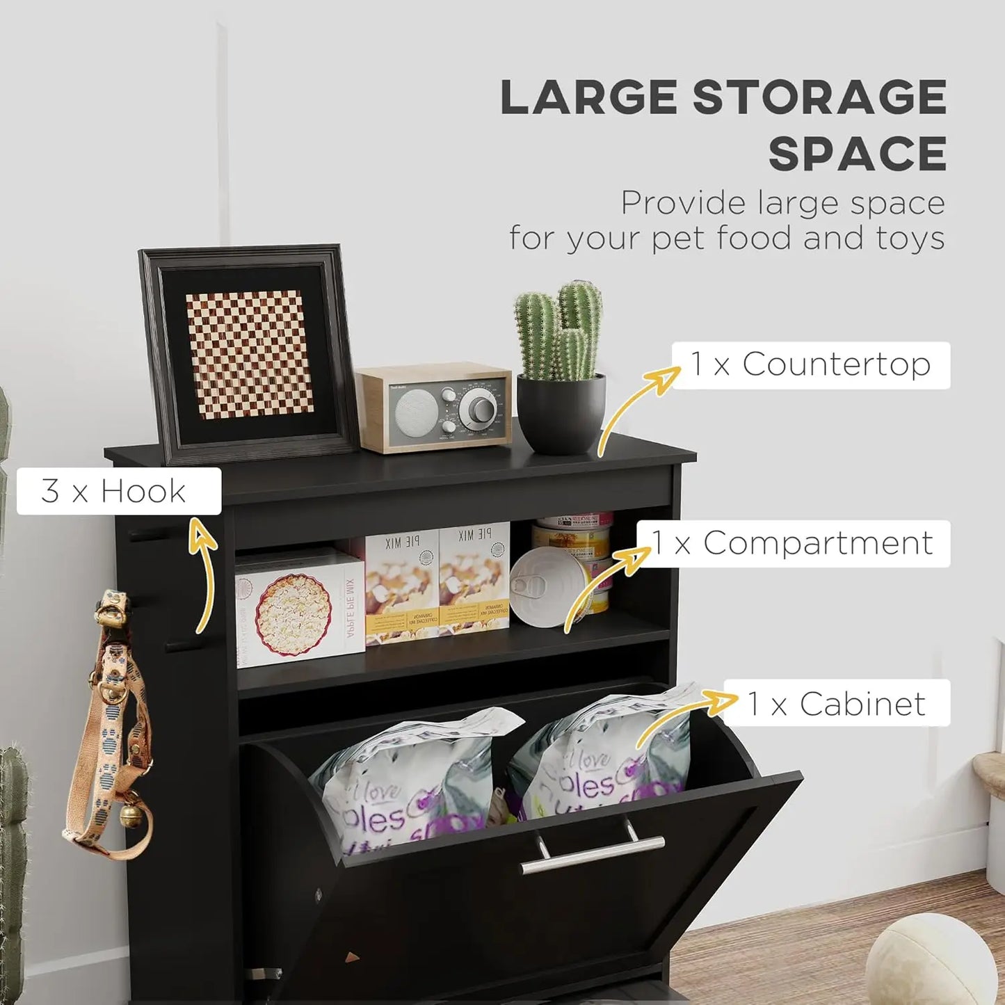 Dog Feeding Station, Dog Food Storage Pet Feeder Cabinet Container with Dog Raised Bowls and Hanger for Feeding