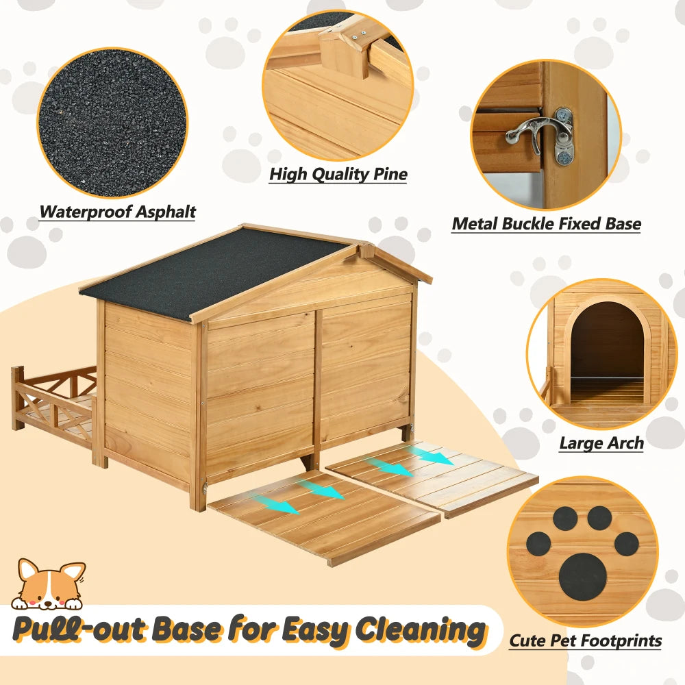 48" Wooden Dog House Outdoor with Porch, Dog Kennel with Water-Resistant Asphalt Roof and Fencing,Indoor & Outdoor Dog Crate