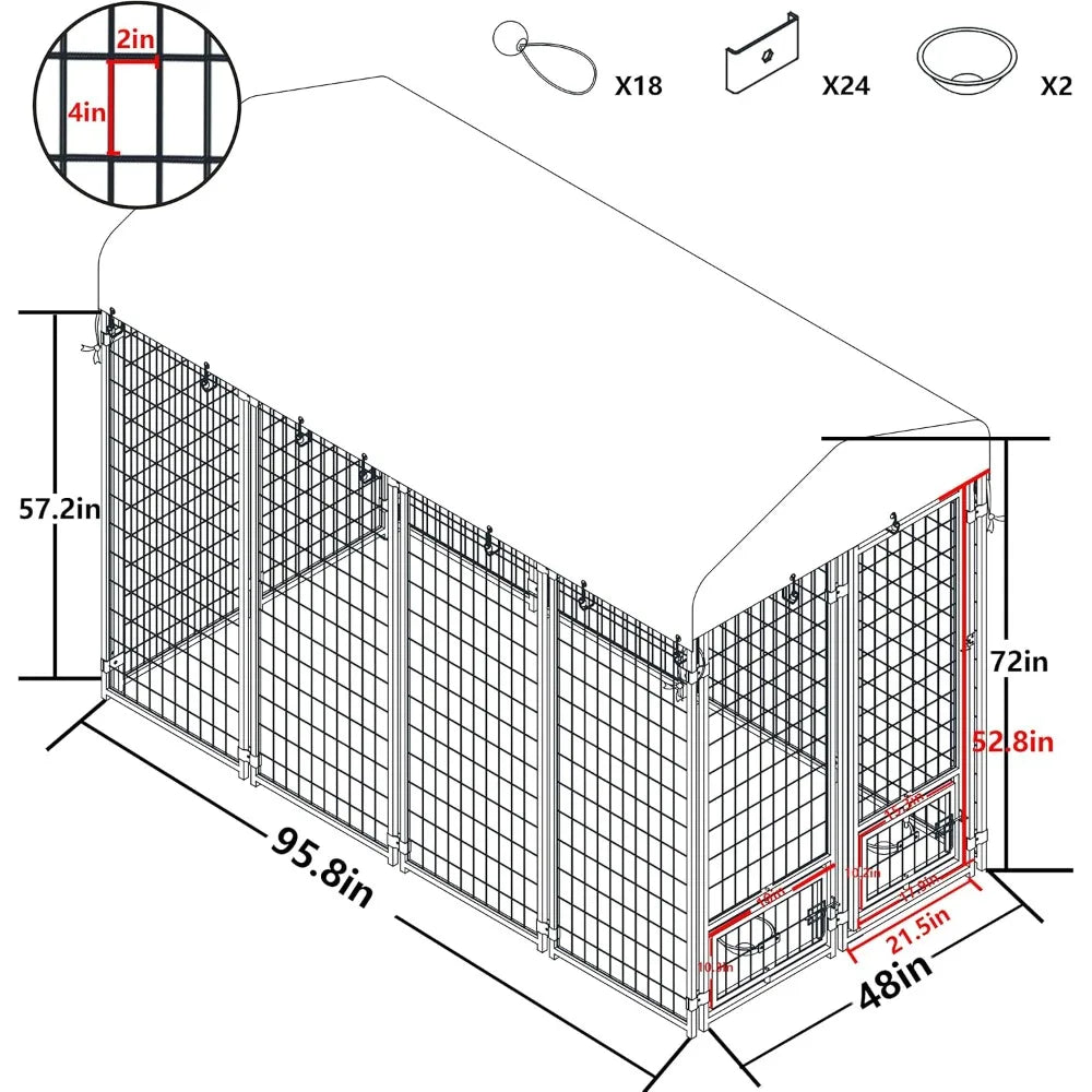 Dog Kennel Outdoor Indoor with Roof and Rotating Feeding Doors, Large Dog Enclosure Dog Playpen House Heavy Duty with Canopy, D