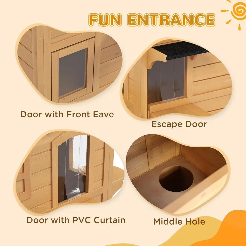 2-Story Cat House Outdoor, Weatherproof Wooden Cat Enclosure for Feral Cats with Escape Door, Openable Roof, Jumping Platforms,