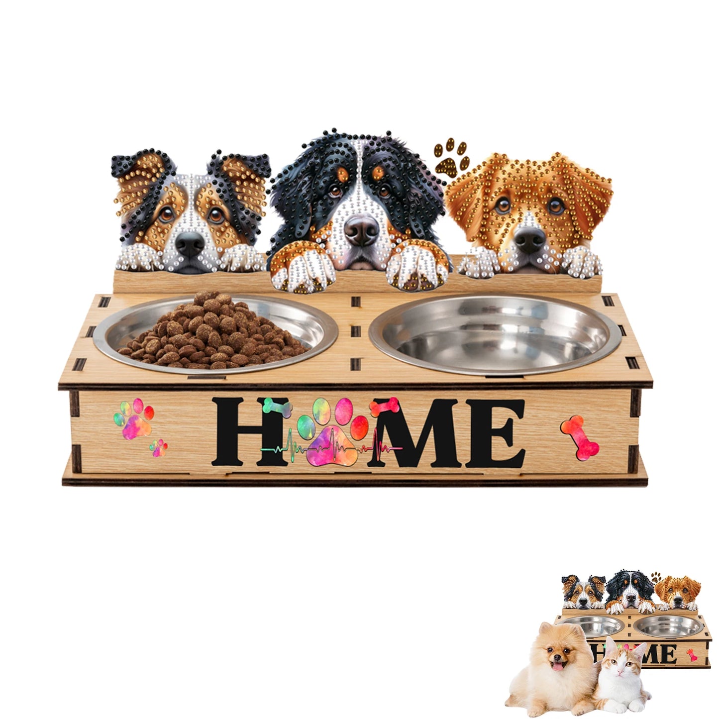 5D DIY Diamond Painting Water Feeder Diamond Painting Pet Feeder Making Kit Rhinestones Stainless Steel Pet Bowl for Cats Dogs