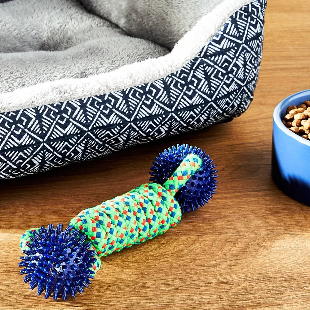 Durable Dog Chew Toy with Rope Coil and Spiky Balls Tug of War Fetch Play Moderate Chewers Fun Engaging Toy