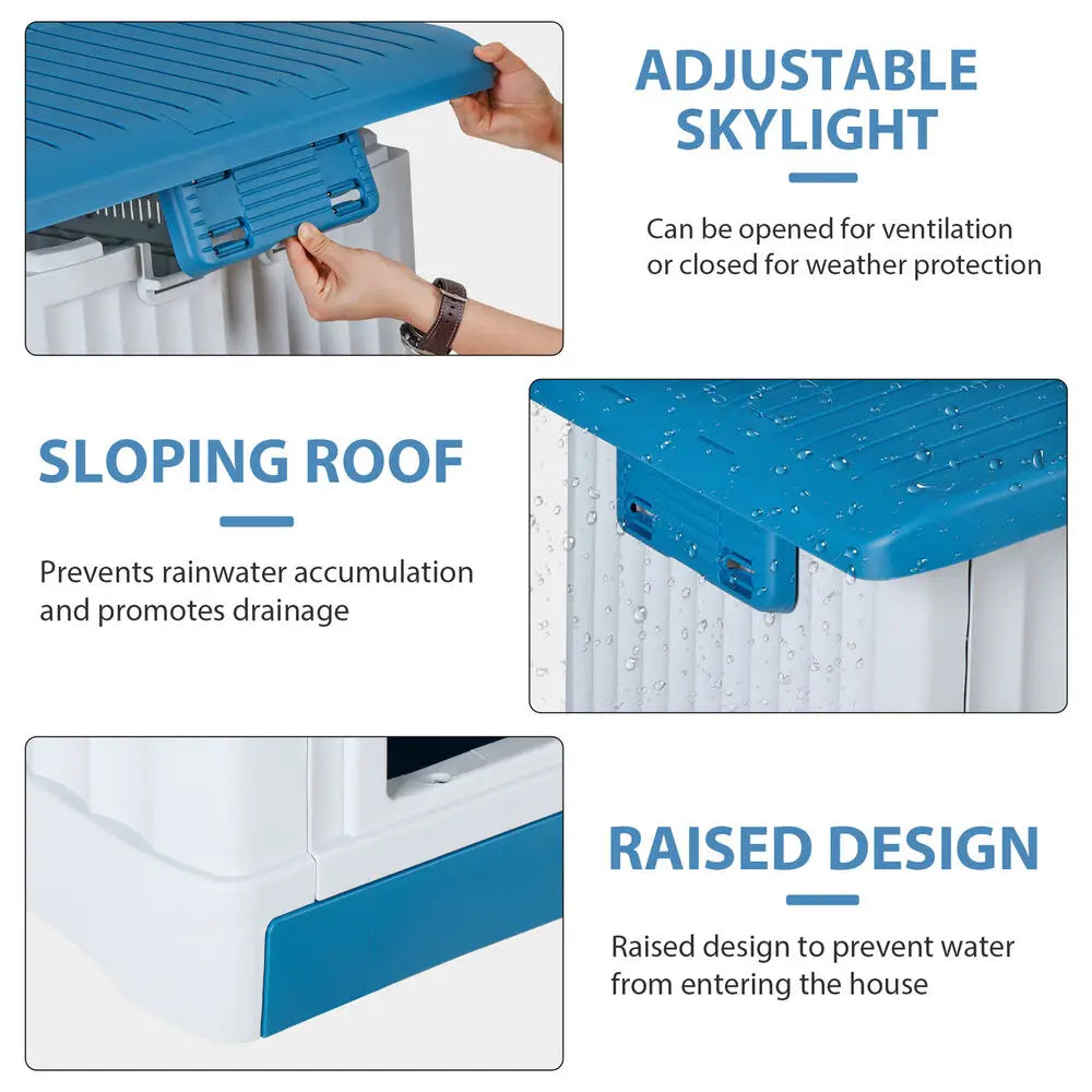 Large Plastic Dog House Puppy Shelter with Liftable Roof & Detachable Base Blue