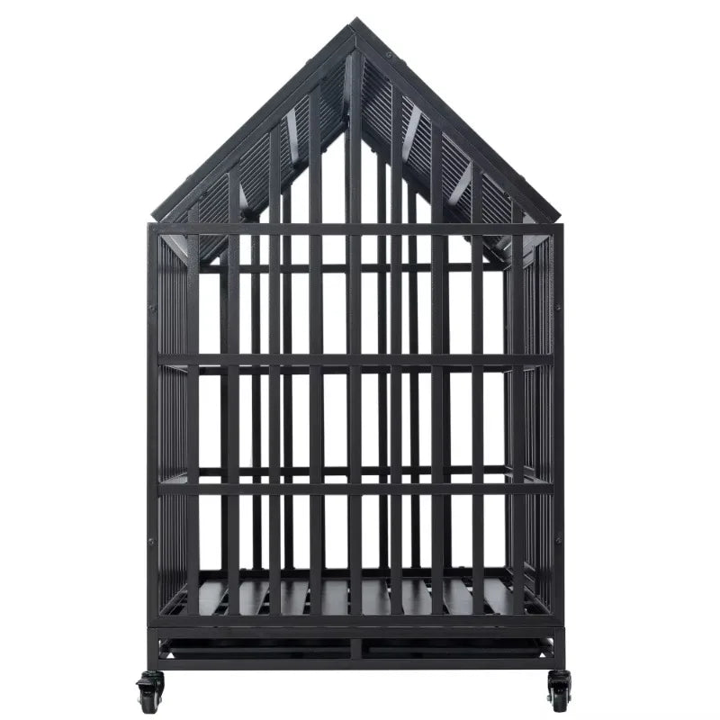 Heavy Duty Dog Cage with Roof Rust-Resistant Steel Locking Casters Feeding Door Ideal for Medium & Large Dogs Dog House Kennel