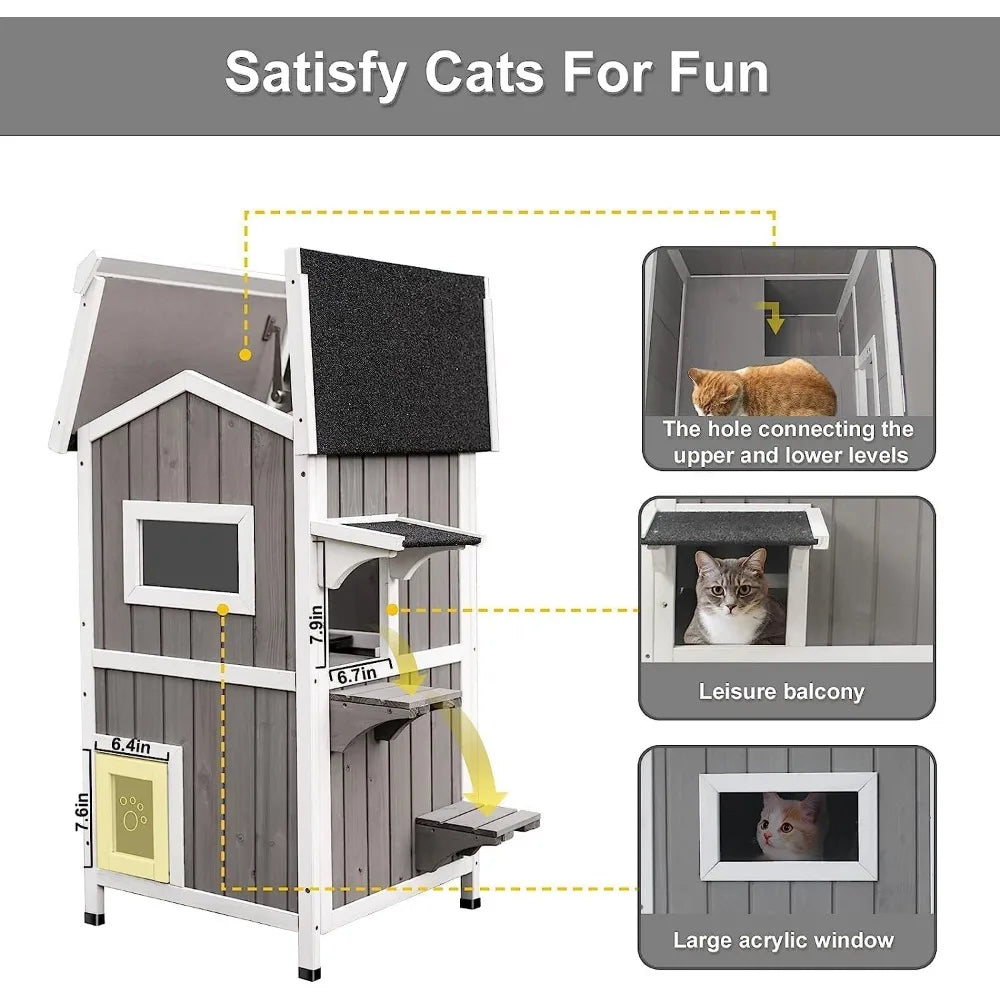 Outdoor Cat Shelter Weatherproof, Two Story Wooden Outside Feral Cat House with Openable Roof, Escape Door