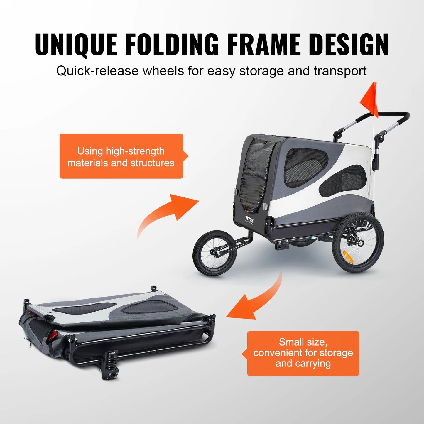 SucceBuy 100lbs Dog Bike Trailer 2-in-1 Pet Stroller Bicycle Carrier Folding Cart Frame with Wheels Reflectors Flag for Dogs