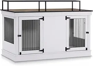 Large Dog Crate Furniture TV Stand, Wooden Pet Kennel with Double Doors, Indoor Furniture Style Dog House End Table, 1861 (Ligh