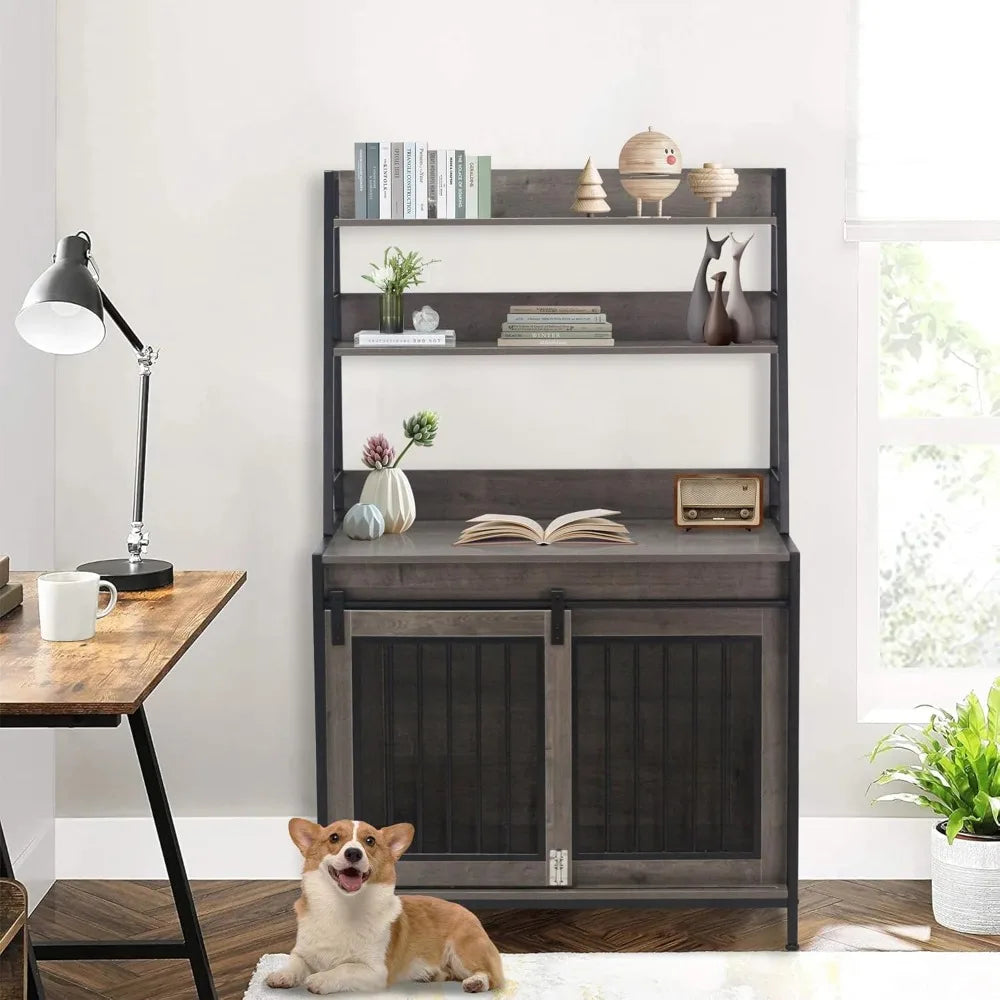 Dog Crate Indoor Furniture with Storage Shelves, 37 inch Wooden Dog Kennel with Double Sliding Doors, Heavy Duty Dog Cage