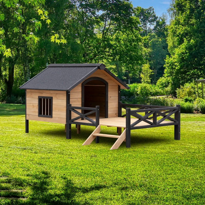 Outdoor large wooden house style wooden dog house with porch, porch and protective fence, waterproof tile roof