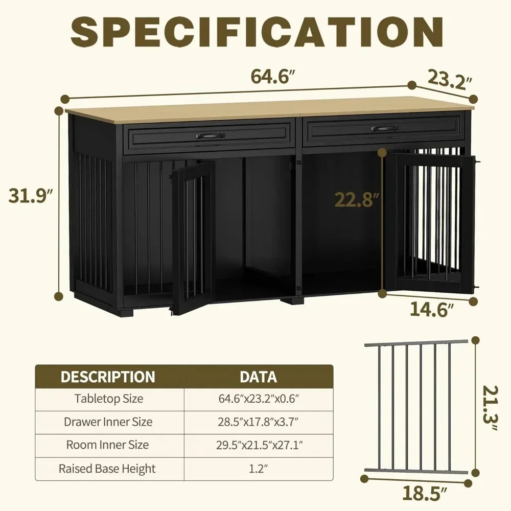 Dog Kennel Furniture, 64.6 Inch Heavy Duty Wooden Large Furniture Style Dog Crate with Drawers & Divider, Indoor Dog House